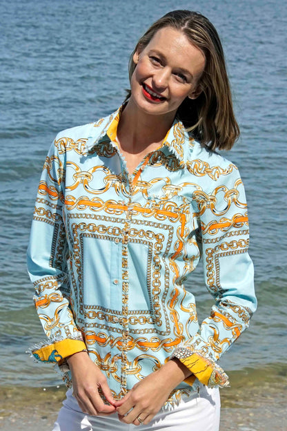 Dizzy Lizzie | Cape Cod Tunic, Aqua Ground W Orange Links | Cloister Collection | TUNIC