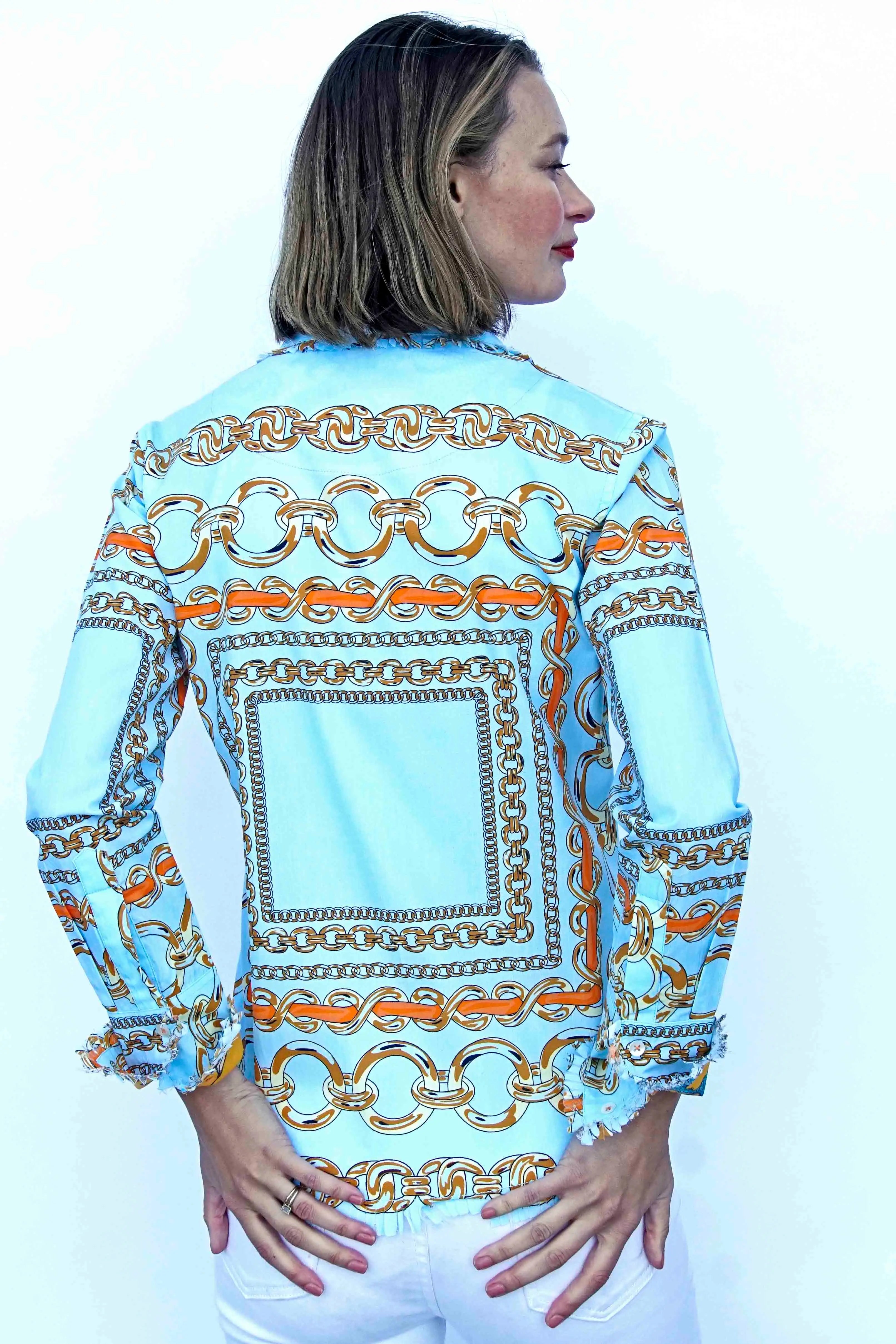 Dizzy Lizzie | Cape Cod Tunic, Aqua Ground W Orange Links | Cloister Collection | TUNIC