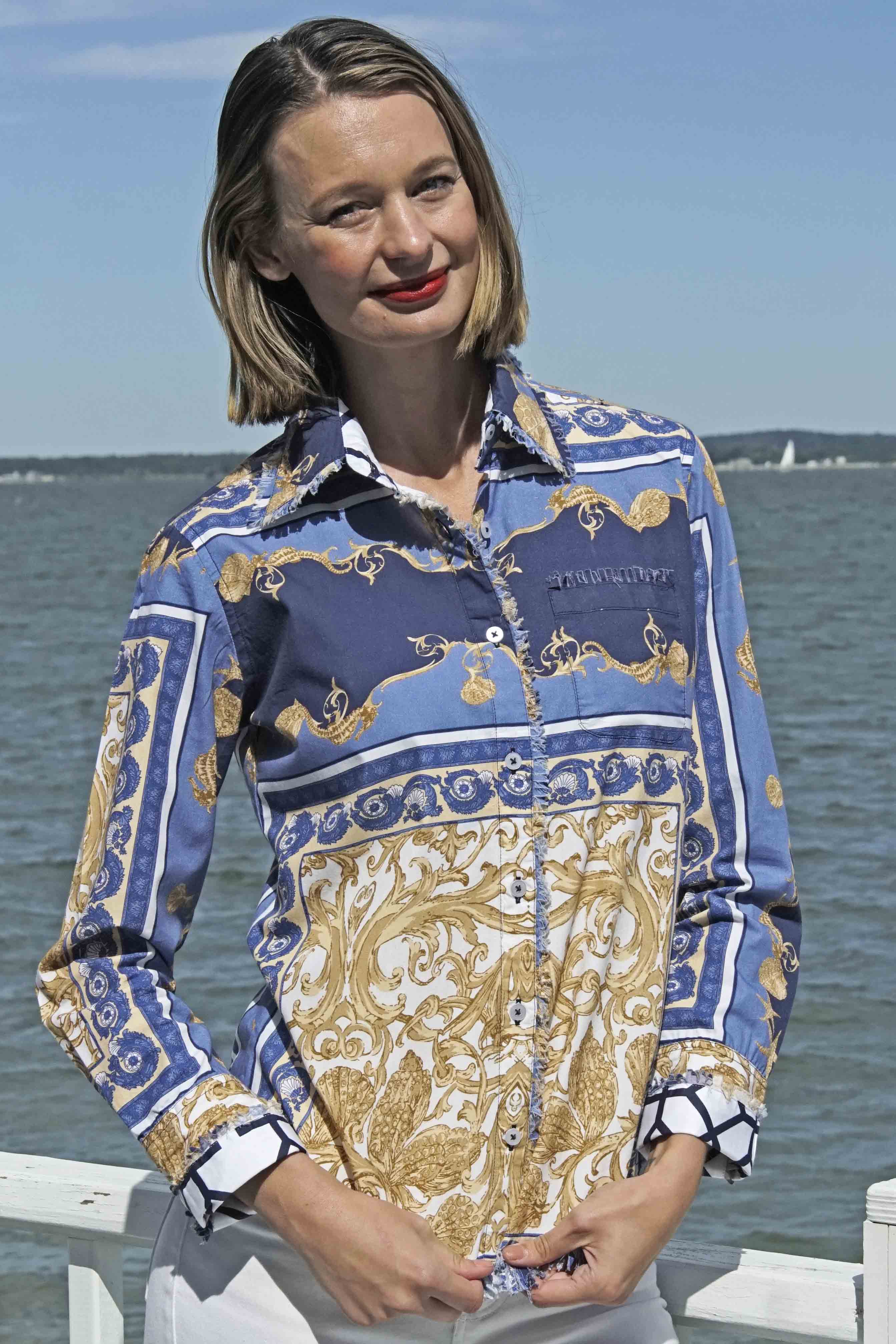 Dizzy Lizzie | Cape Cod Tunic Blue White Gold Shells and Blues Ocean Print | Cloister Collection | TUNIC