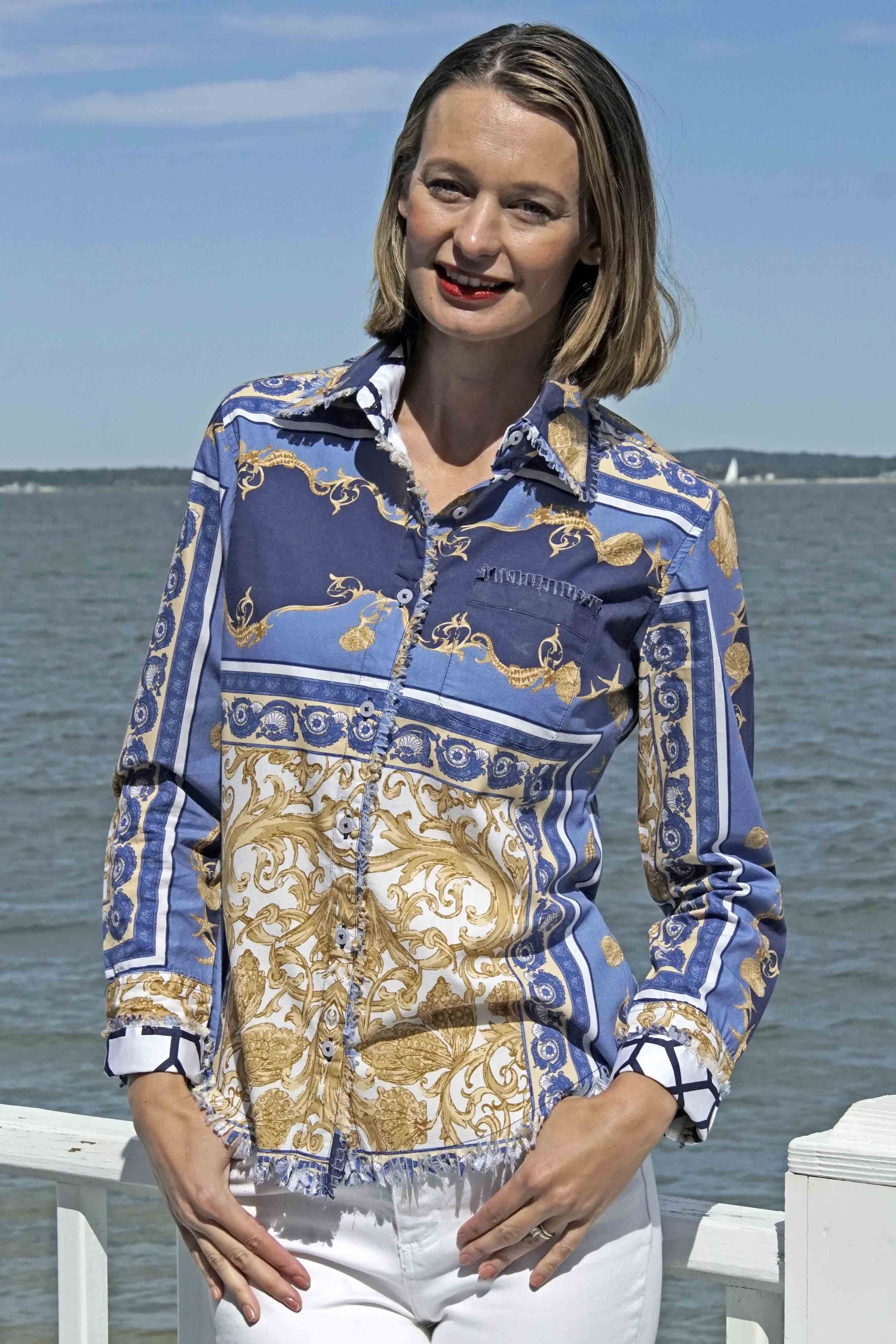 Dizzy Lizzie | Cape Cod Tunic Blue White Gold Shells and Blues Ocean Print | Cloister Collection | TUNIC