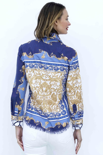 Dizzy Lizzie | Cape Cod Tunic Blue White Gold Shells and Blues Ocean Print | Cloister Collection | TUNIC