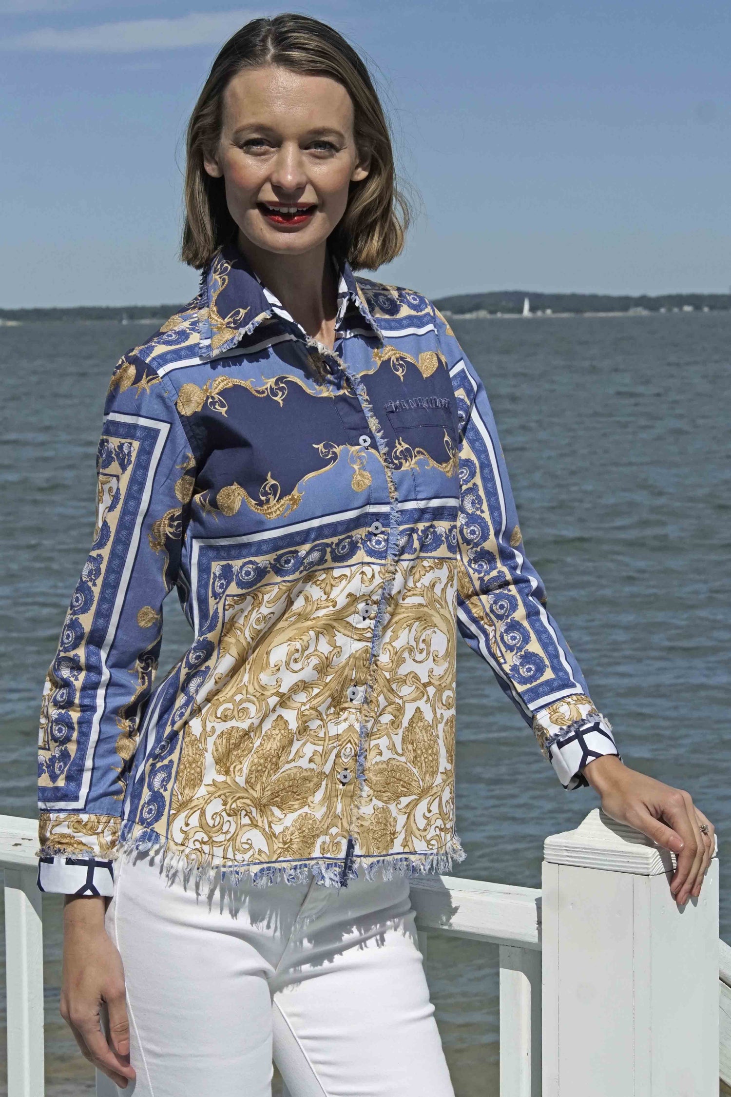 Dizzy Lizzie | Cape Cod Tunic Blue White Gold Shells and Blues Ocean Print | Cloister Collection | TUNIC