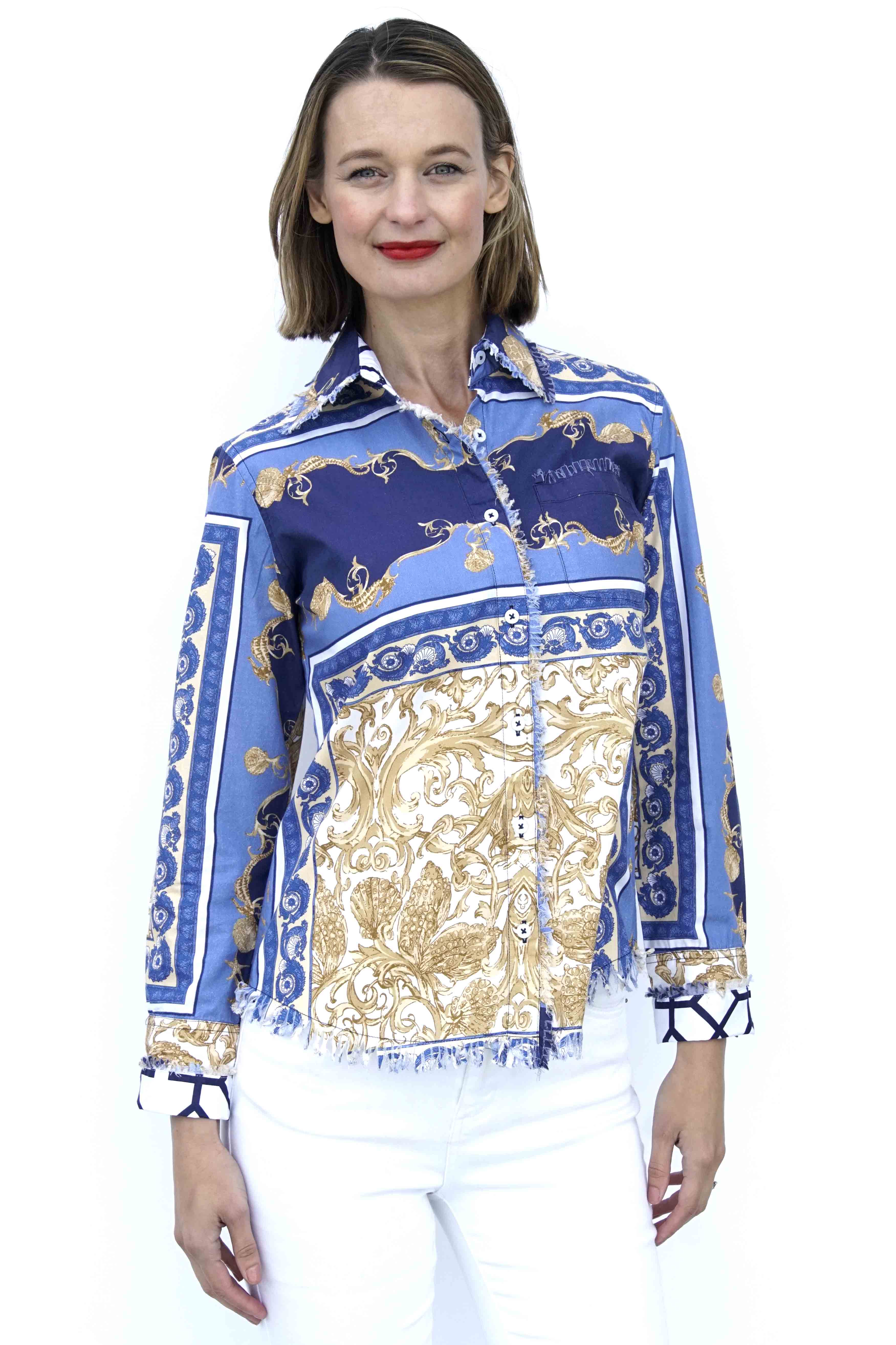 Dizzy Lizzie | Cape Cod Tunic Blue White Gold Shells and Blues Ocean Print | Cloister Collection | TUNIC