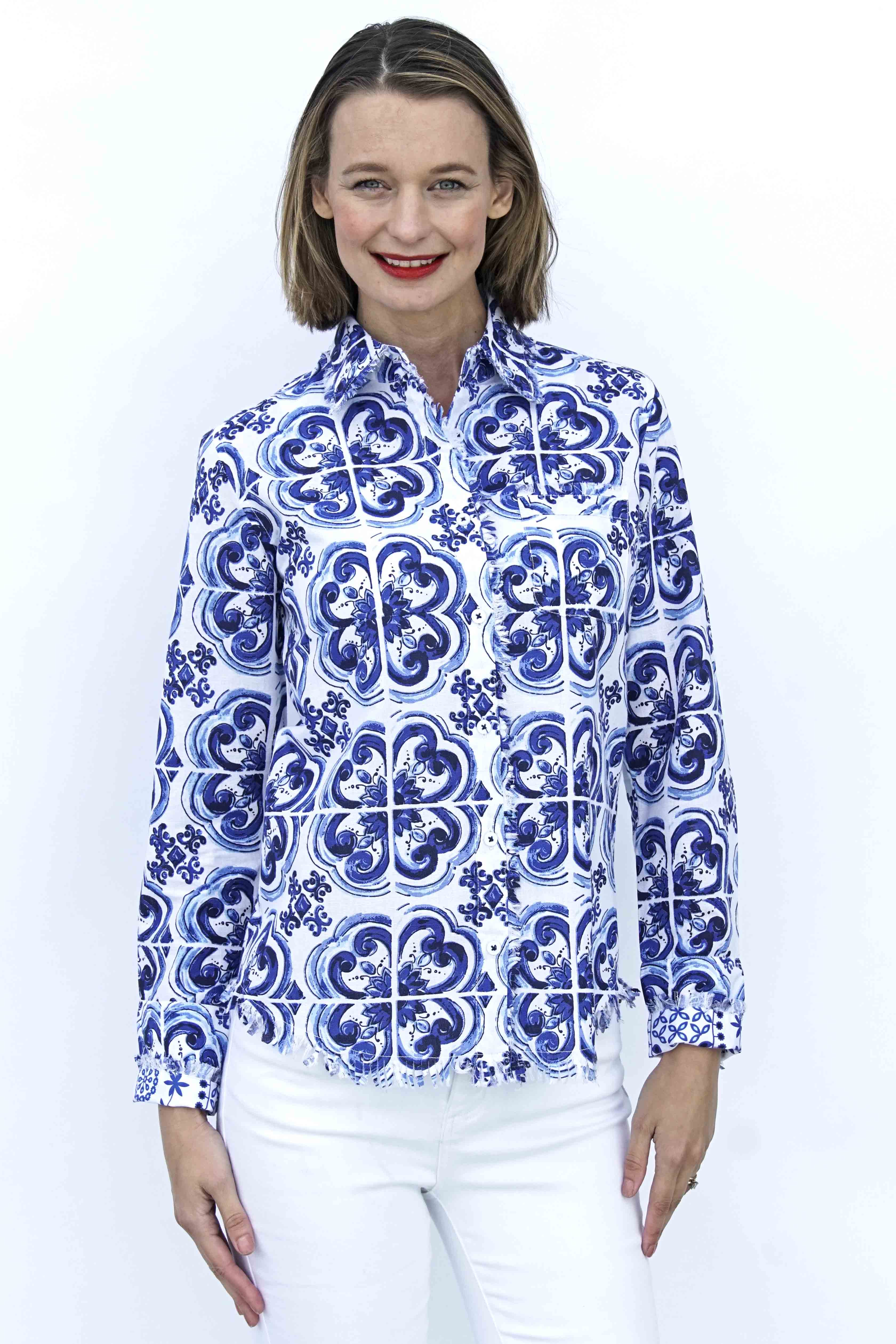 Dizzy Lizzie | Cape Cod Tunic Blue White Tile Print | Cloister Collection | TUNIC