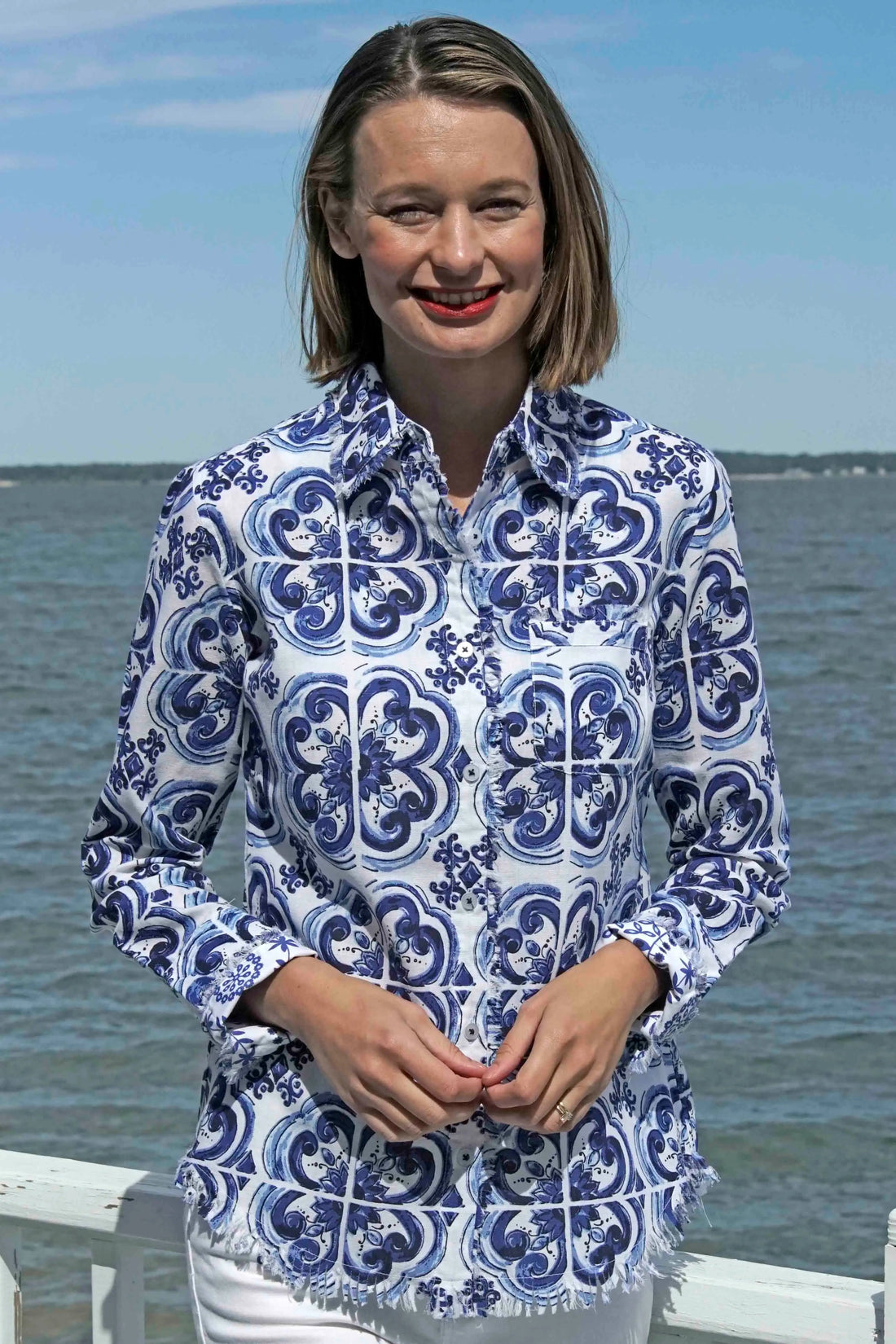 Dizzy Lizzie | Cape Cod Tunic Blue White Tile Print | Cloister Collection | TUNIC