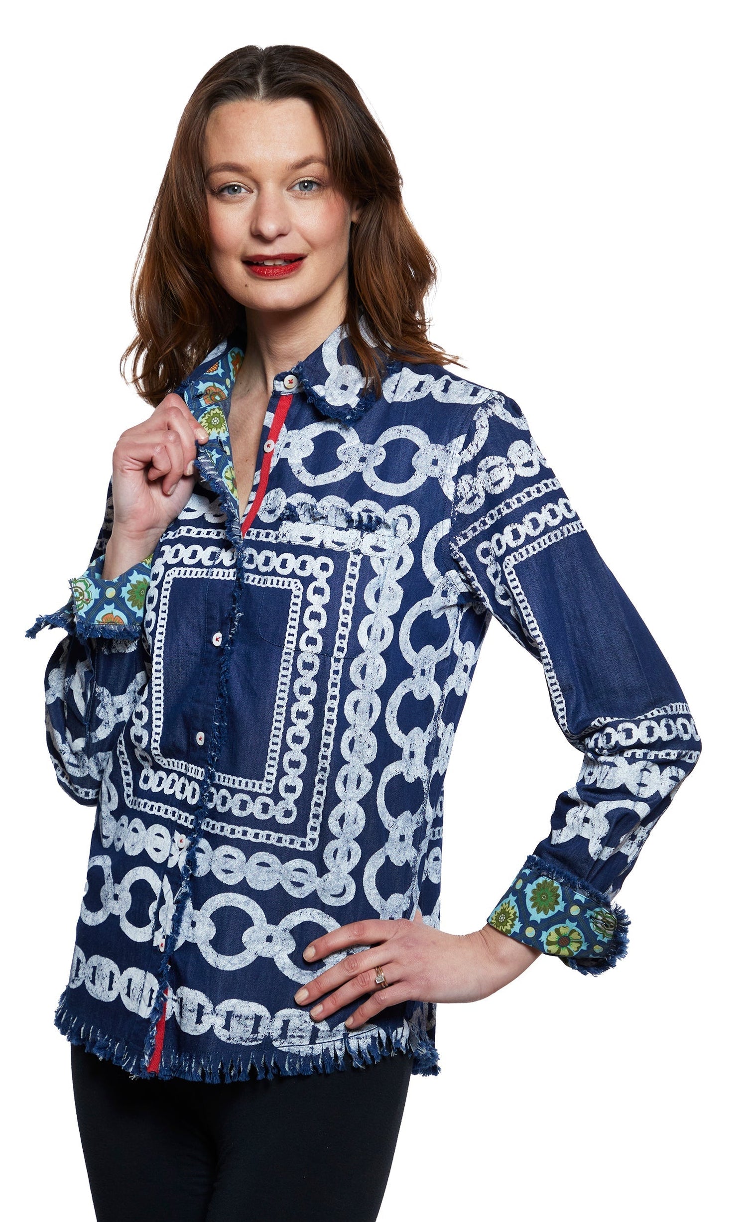 Dizzy Lizzie | Cape Cod Tunic Denim With White Links Pattern | Cloister Collection | TOPS