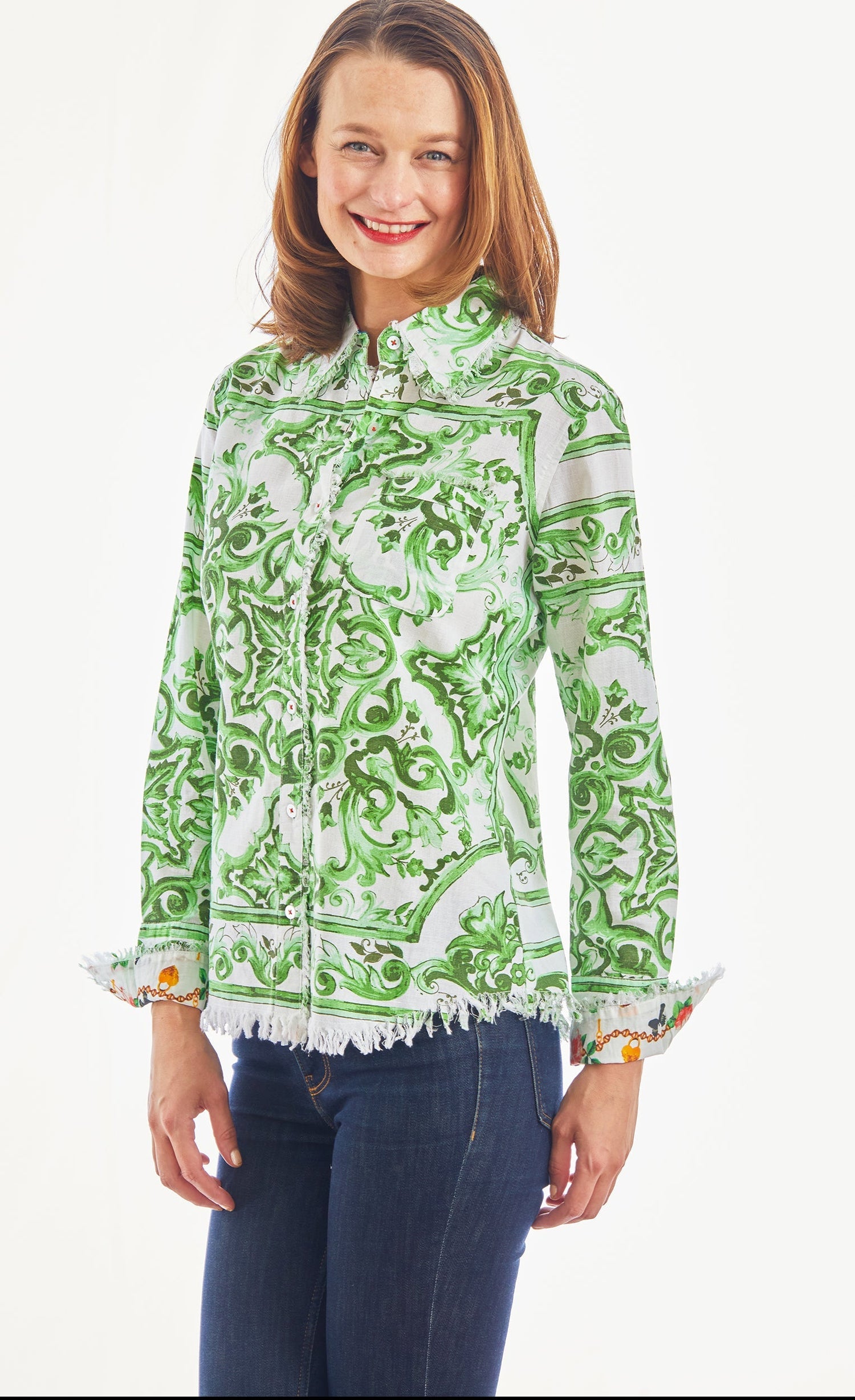 Dizzy Lizzie | Cape Cod Tunic Green White Tile Print | Cloister Collection | TUNIC