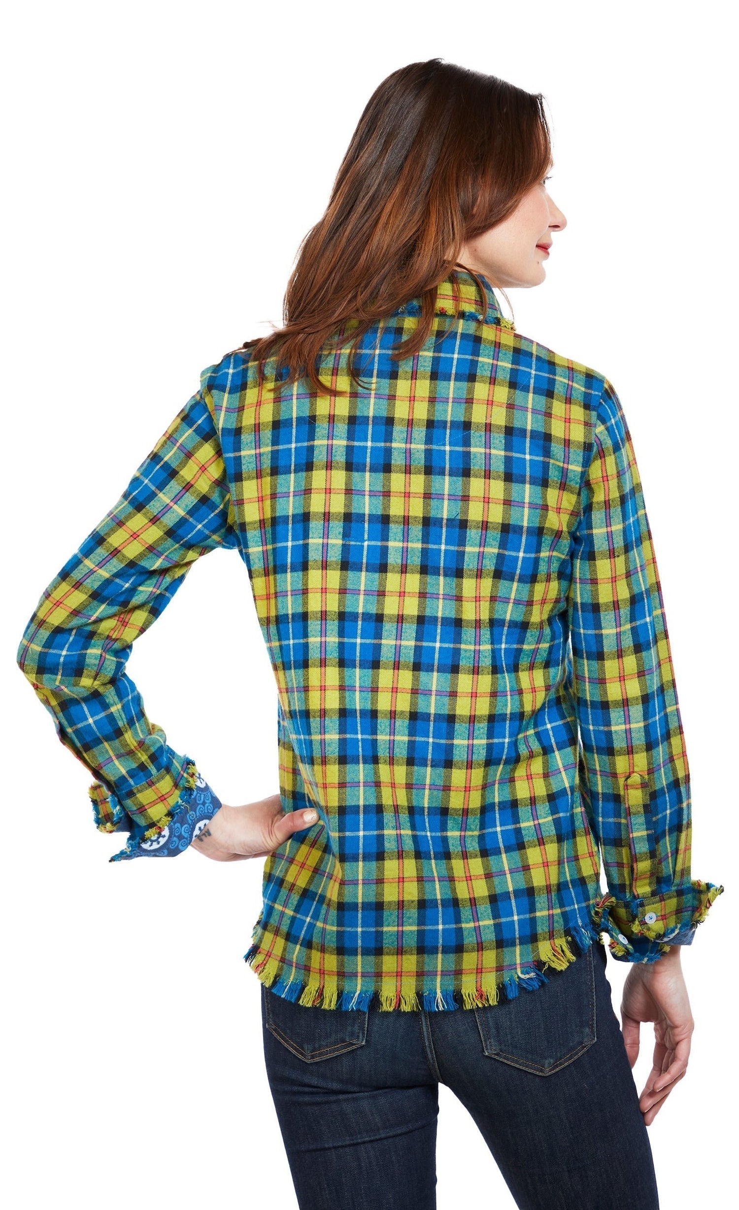 Dizzy Lizzie | Cape Cod Tunic With Fringe Bottom In Indigo Blue Yarn Dyed Flannel Plaid | Cloister Collection | TOPS