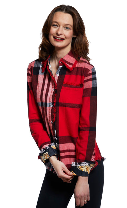Dizzy Lizzie | Cape Cod Tunic With Fringe Bottom In Red Yarndyed Flannel Plaid | Cloister Collection | TOPS