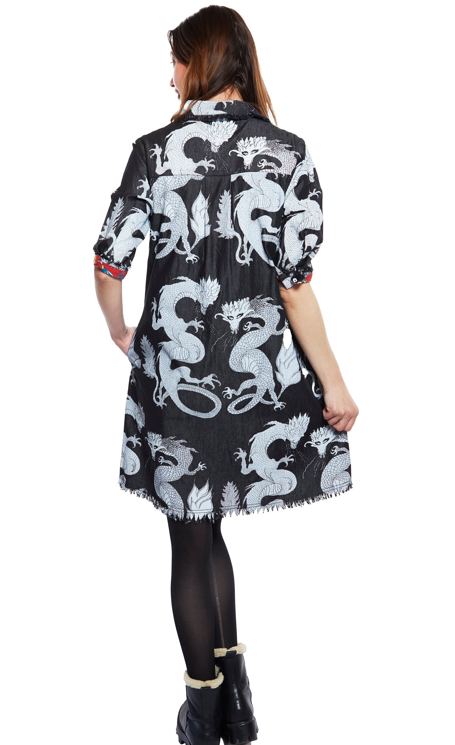 Dizzy - Lizzie | Chatham Dress Black Denim With White Dragons Print | Cloister Collection | DRESSES