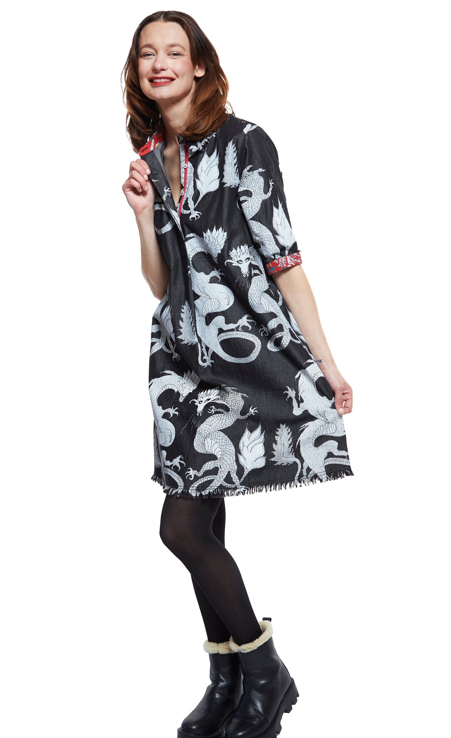 Dizzy - Lizzie | Chatham Dress Black Denim With White Dragons Print | Cloister Collection | DRESSES