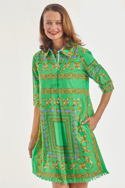 Dizzy Lizzie | Chatham Dress Green Blue Link Print | Cloister Collection | DRESSES