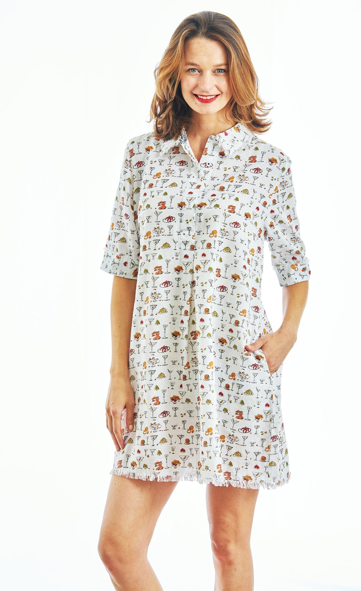 Dizzy Lizzie | Chatham Dress Whimsical Martinis And Snacks Print | Cloister Collection | DRESSES