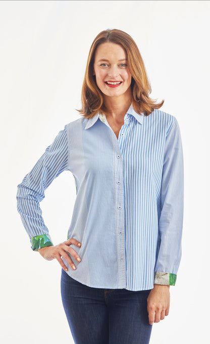 Dizzy Lizzie | Chesapeake Top, Blue White Stripe With Motif On Back Of Picket Fence And Hydrangeas | Cloister Collection | TOPS