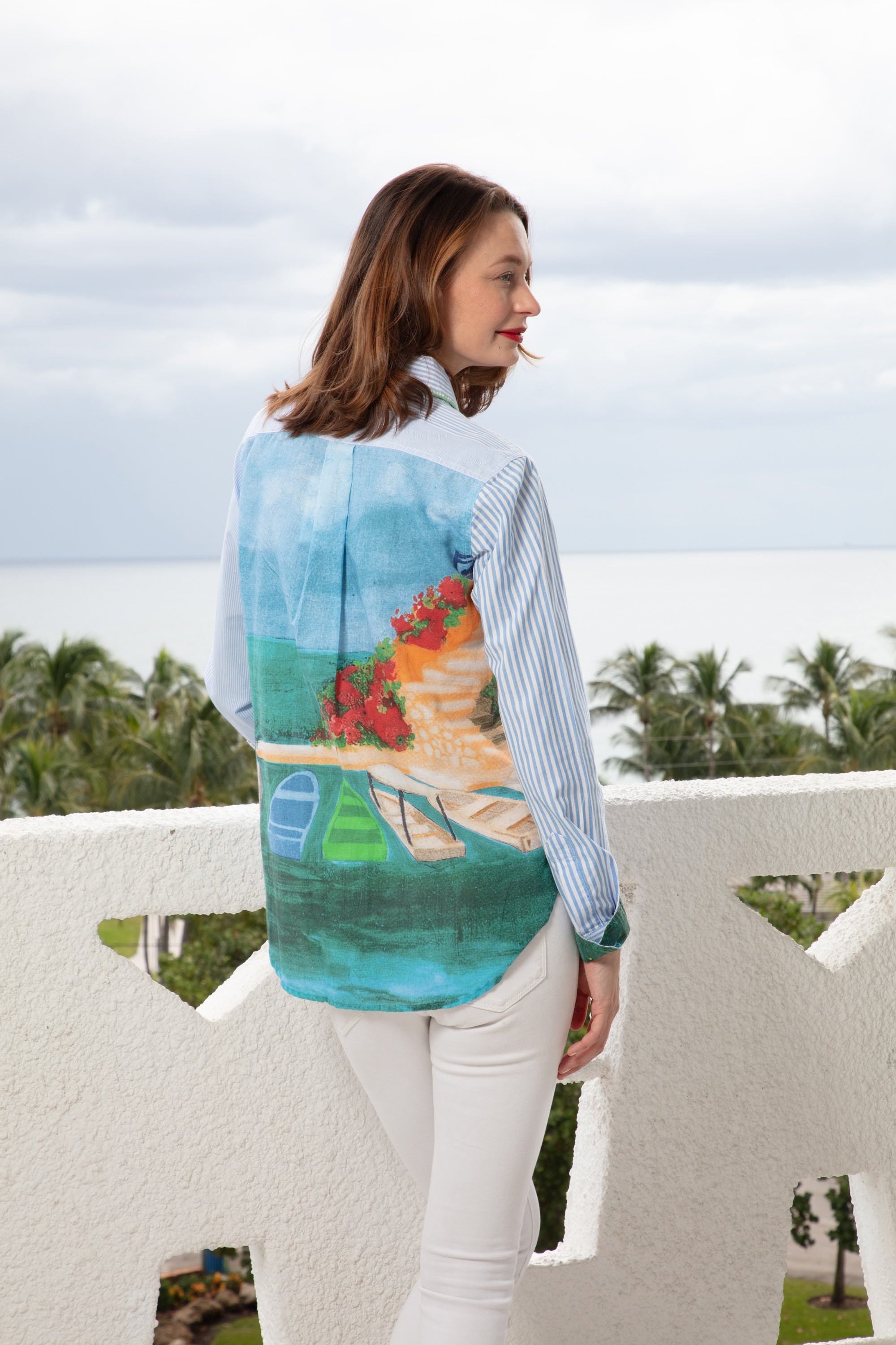 Dizzy Lizzie | Chesapeake Top Blue White Stripes With Positano Scene On The Back | Cloister Collection | TOPS