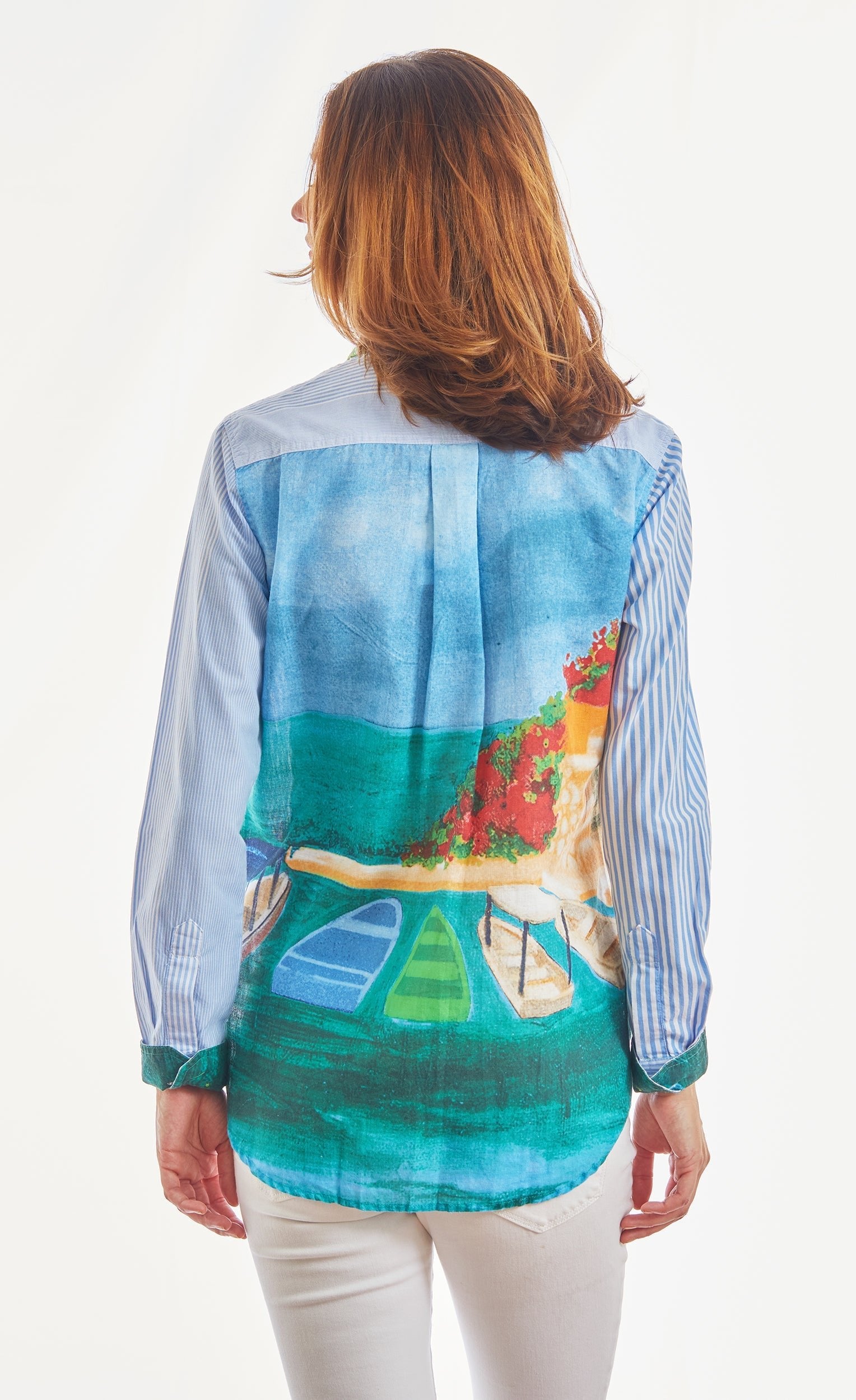 Dizzy Lizzie | Chesapeake Top Blue White Stripes With Positano Scene On The Back | Cloister Collection | TOPS