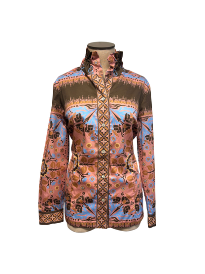 Colorful patterned jacket on a mannequin against a white background