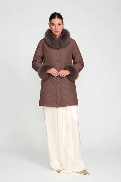 chocolate brown  fur Reversible Silk to Fox Three Quarter Jacket  1