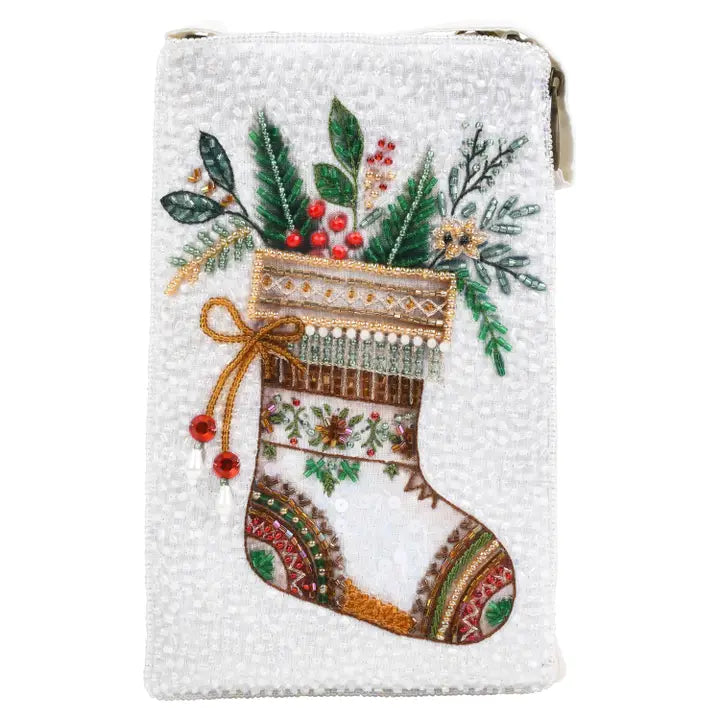 Embroidered Christmas stocking design bag on a white background