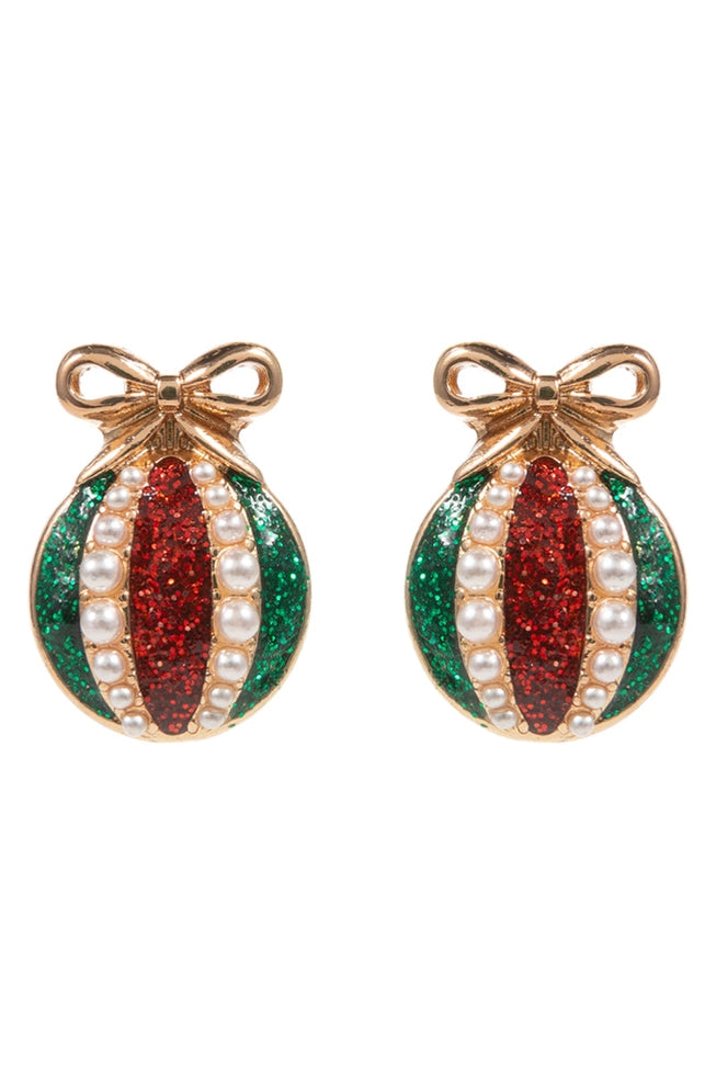 Pair of christmas earrings with red, green, and pearl design on a white background