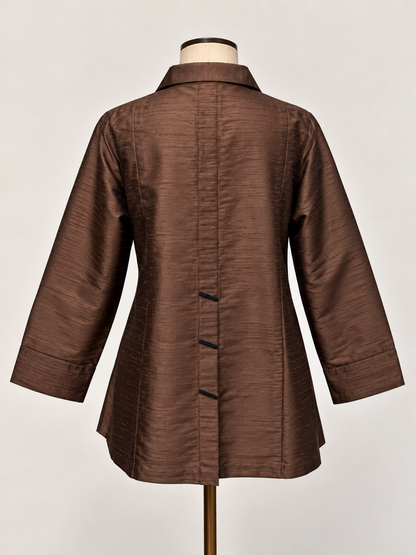 A silk brown textured long-sleeve button-up shirt jacket 