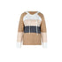 Color-blocked sweater with brown, beige, and navy sections on a white background