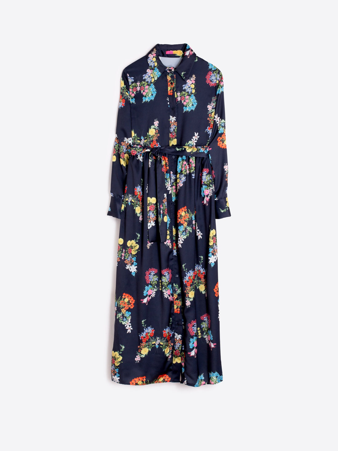 Navy blue dress with colorful floral pattern on a white background
