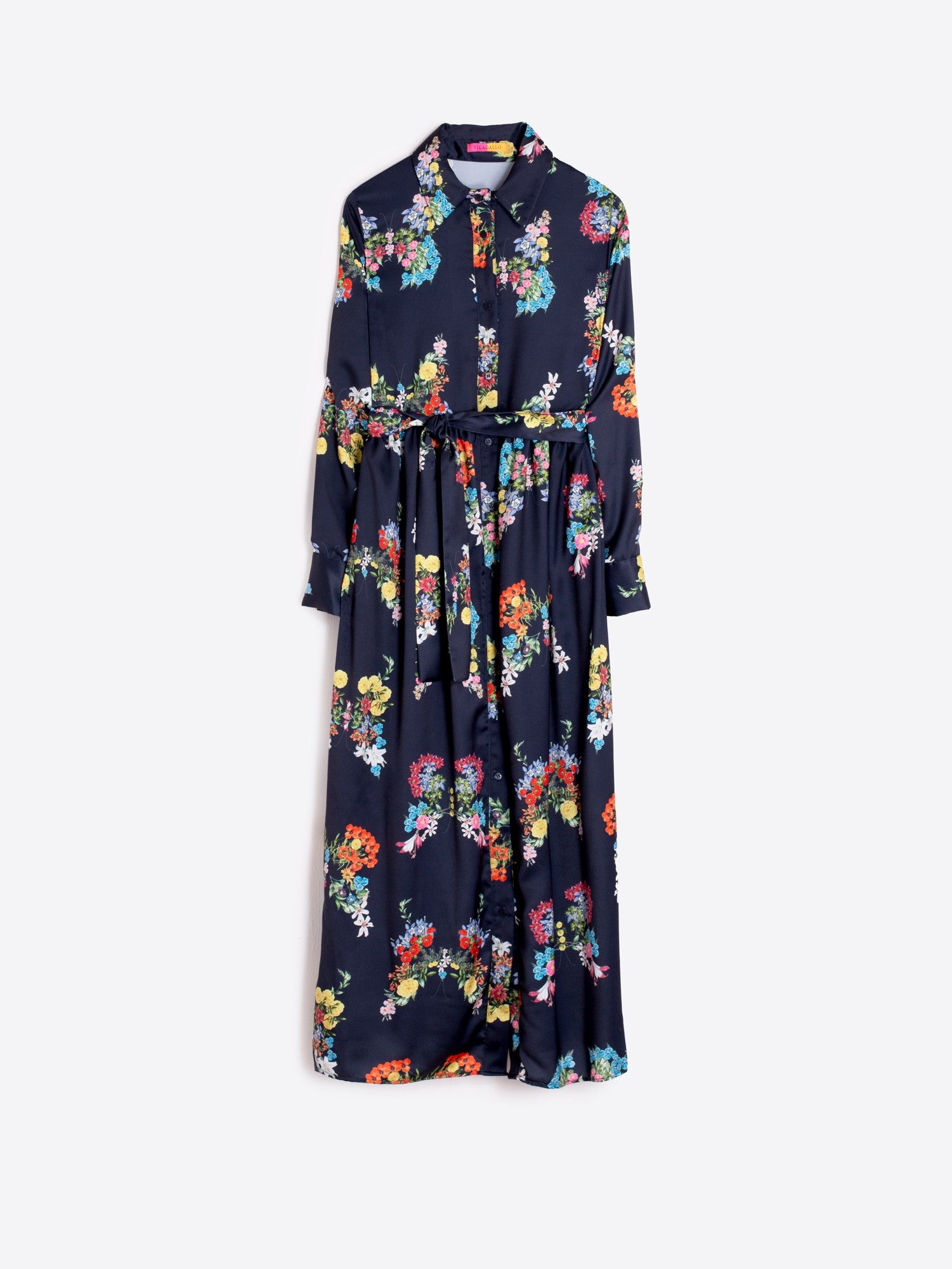Navy blue dress with colorful floral pattern on a white background
