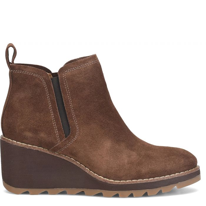Brown suede wedge ankle boot on a white background