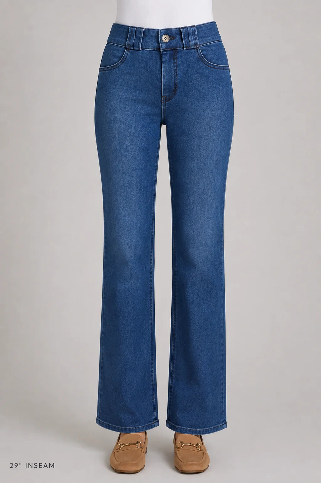 A person wearing dark blue wide-leg jeans, ethyl Relaxed Classic Jean - Benefit Z8MED.AF