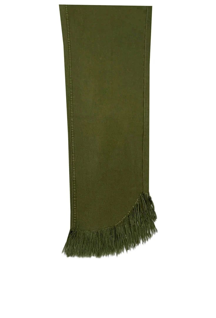 Olive green cropped pants with fringe detailing along the hem, ethyl The Davenport - Fringe Jeans olive green