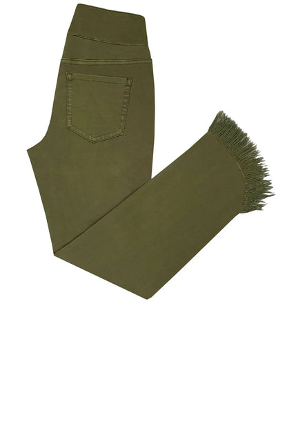 Olive green cropped pants with fringe detailing along the hem, ethyl The Davenport - Fringe Jeans olive green