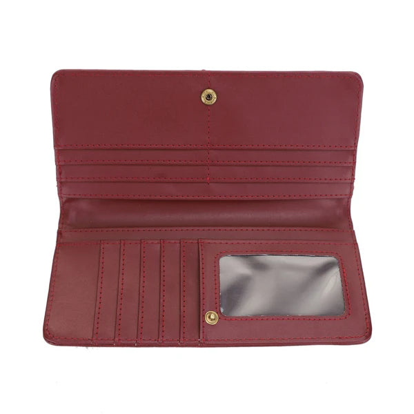 Red wallet with gold buttons on a white background