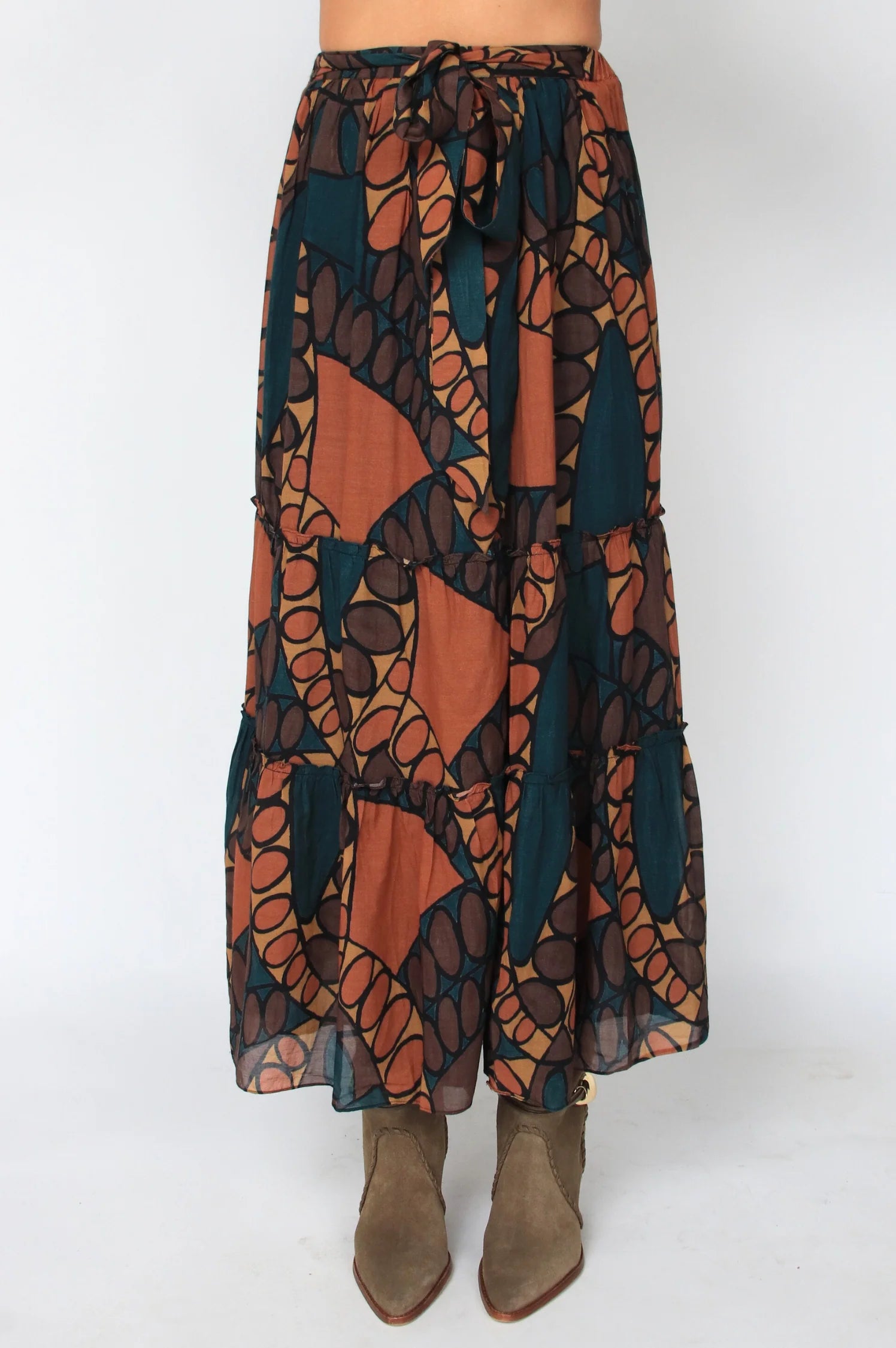 Long, patterned skirt with a white background