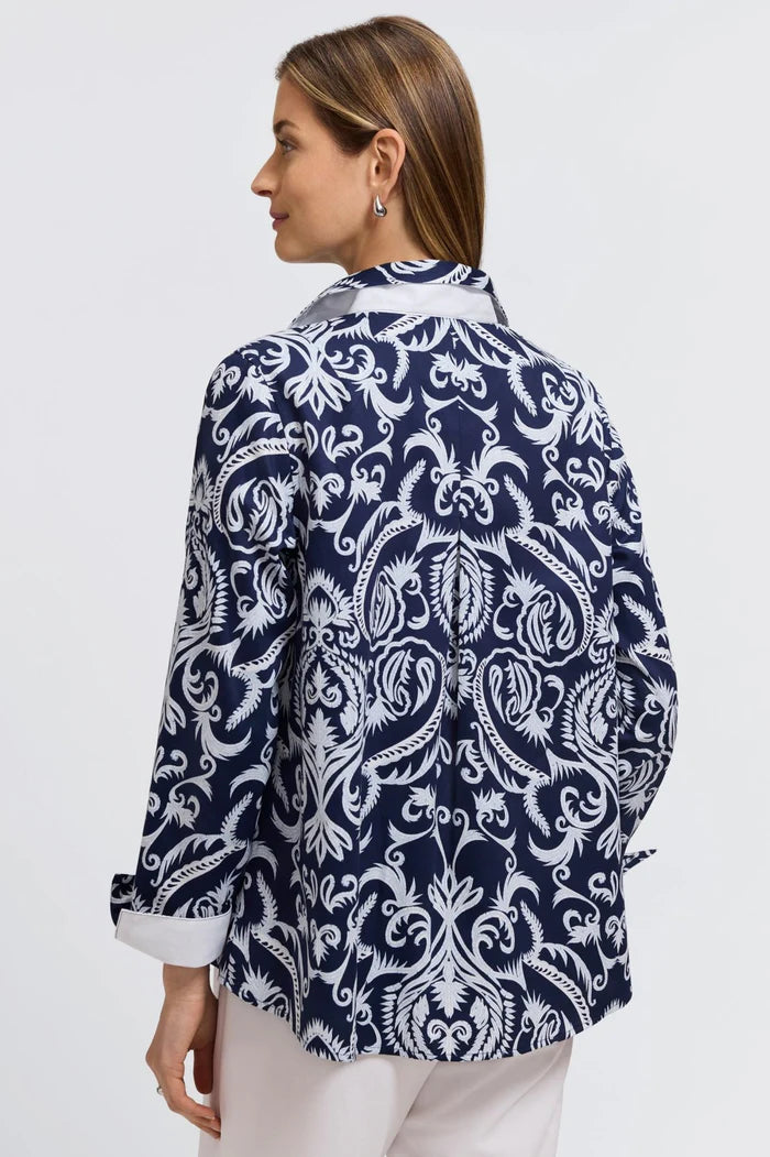Womens blouse navy and white damask print