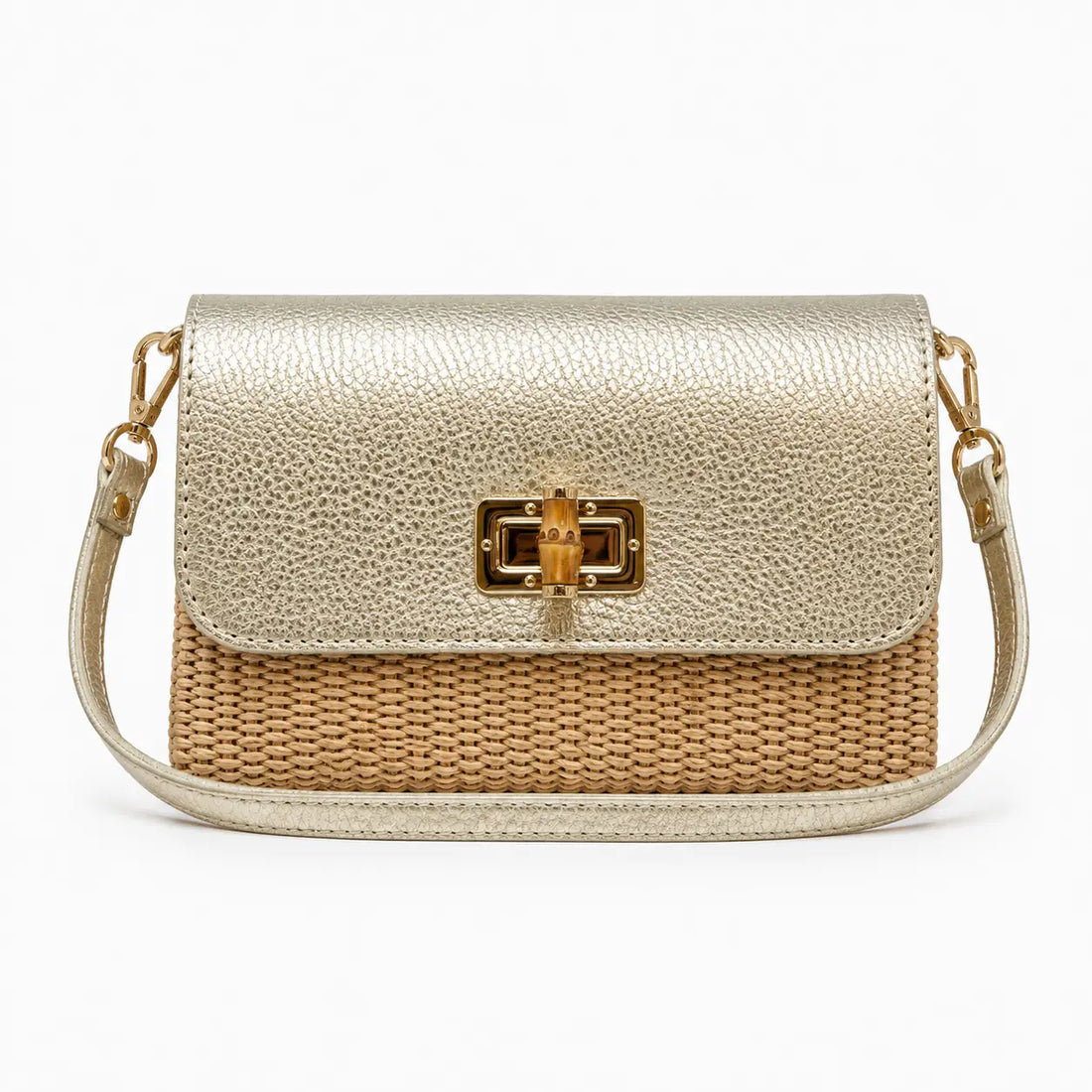Gold Leather Bamboo Clasp &amp; Raffia Crossbody Bag
