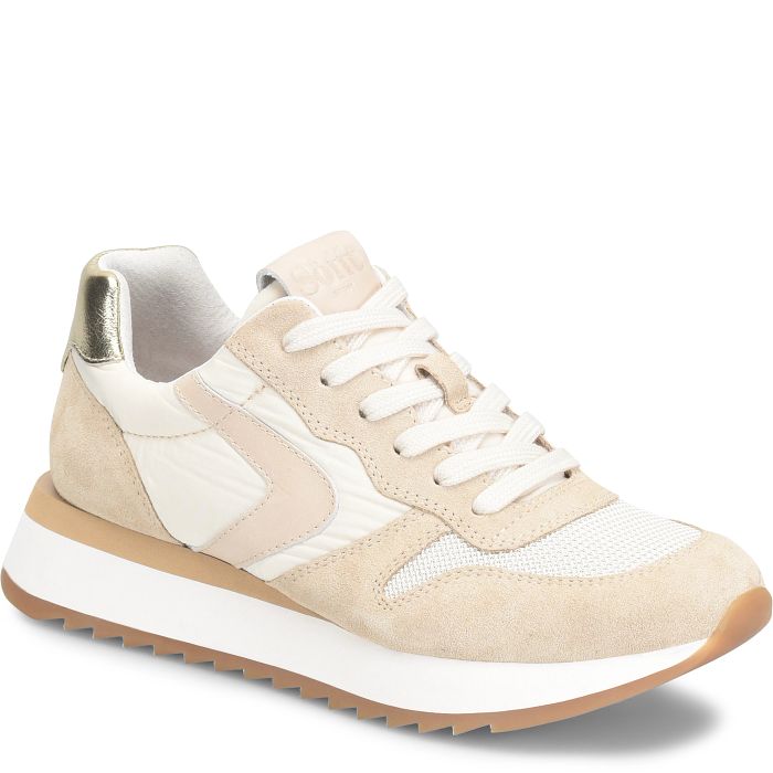 Beige and white sneaker with a brown sole on a white background