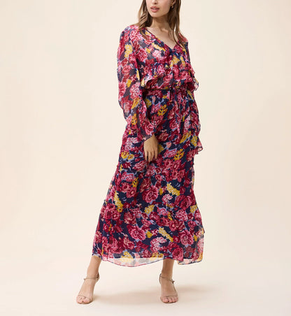 Woman wearing a floral dress on a beige background