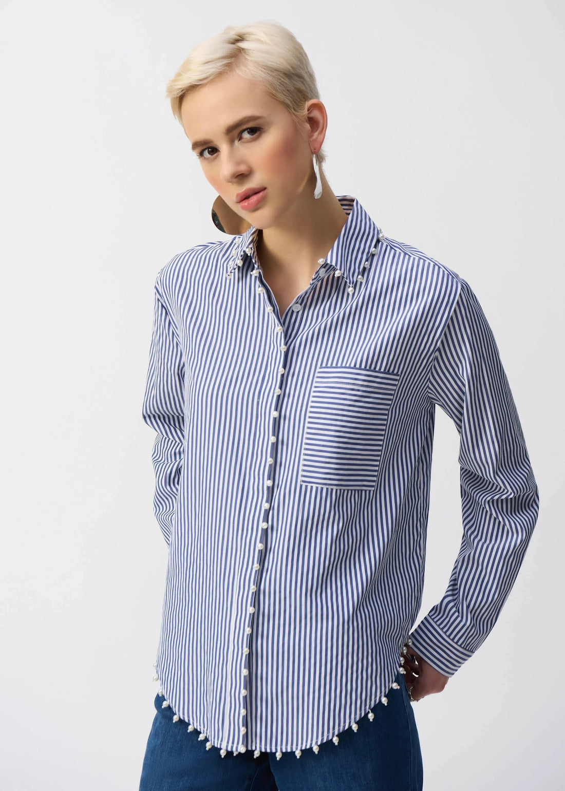 Joseph Ribkoff | Striped Cotton Blouse w/Pearls - Midnight Blue/White