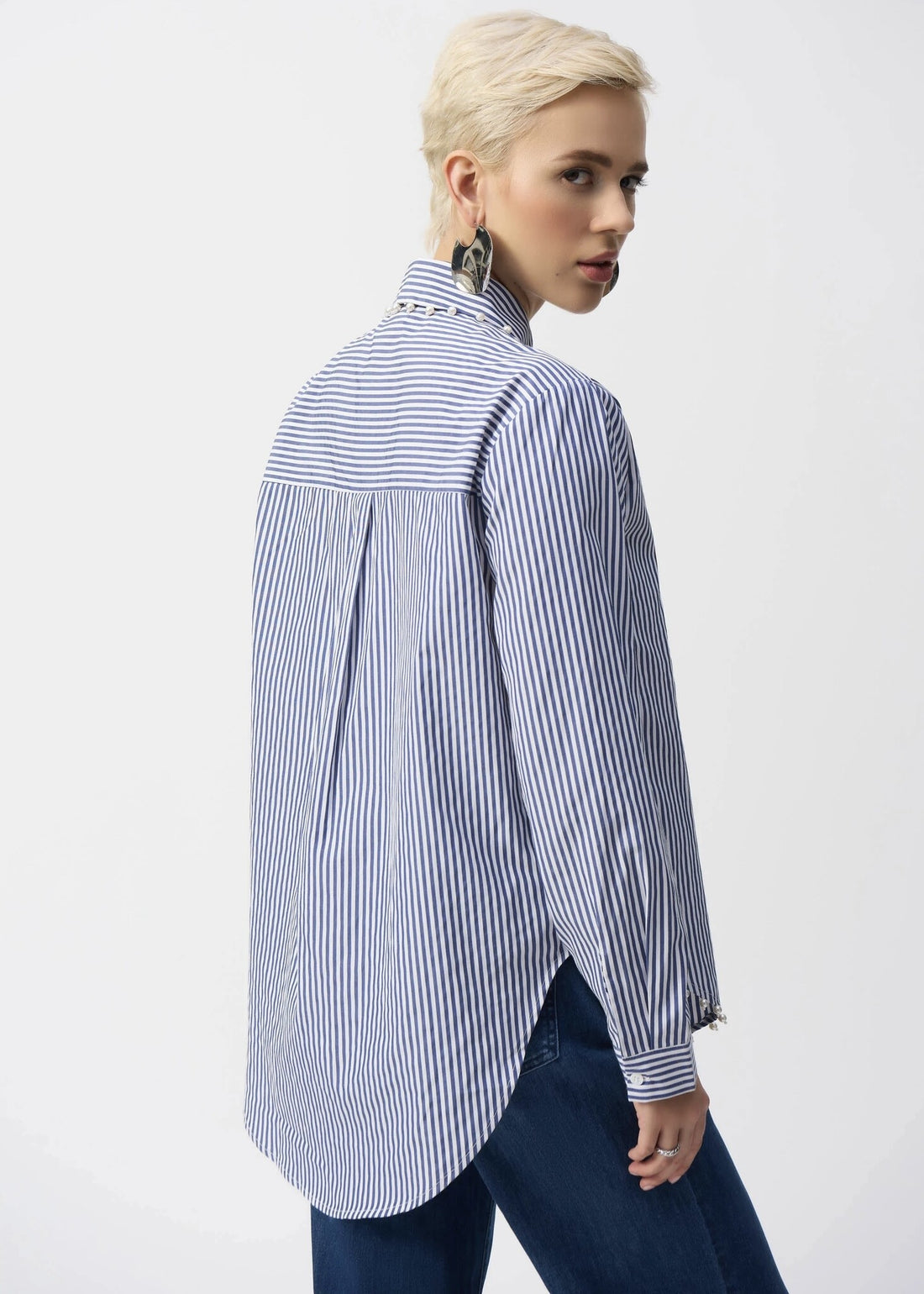 Joseph Ribkoff | Striped Cotton Blouse w/Pearls - Midnight Blue/White