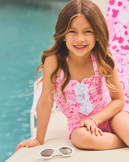 Young girl Lilly Pulitzer x Janie and Jack Girls Maddie Flower Swimsuit pink floral swimsuit 
