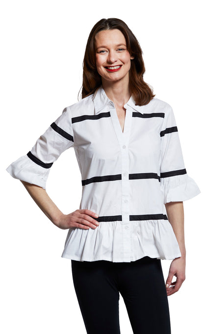 Dizzy Lizzie | Lexington Peplum Top White With Ribbon Trim | Cloister Collection | TOPS