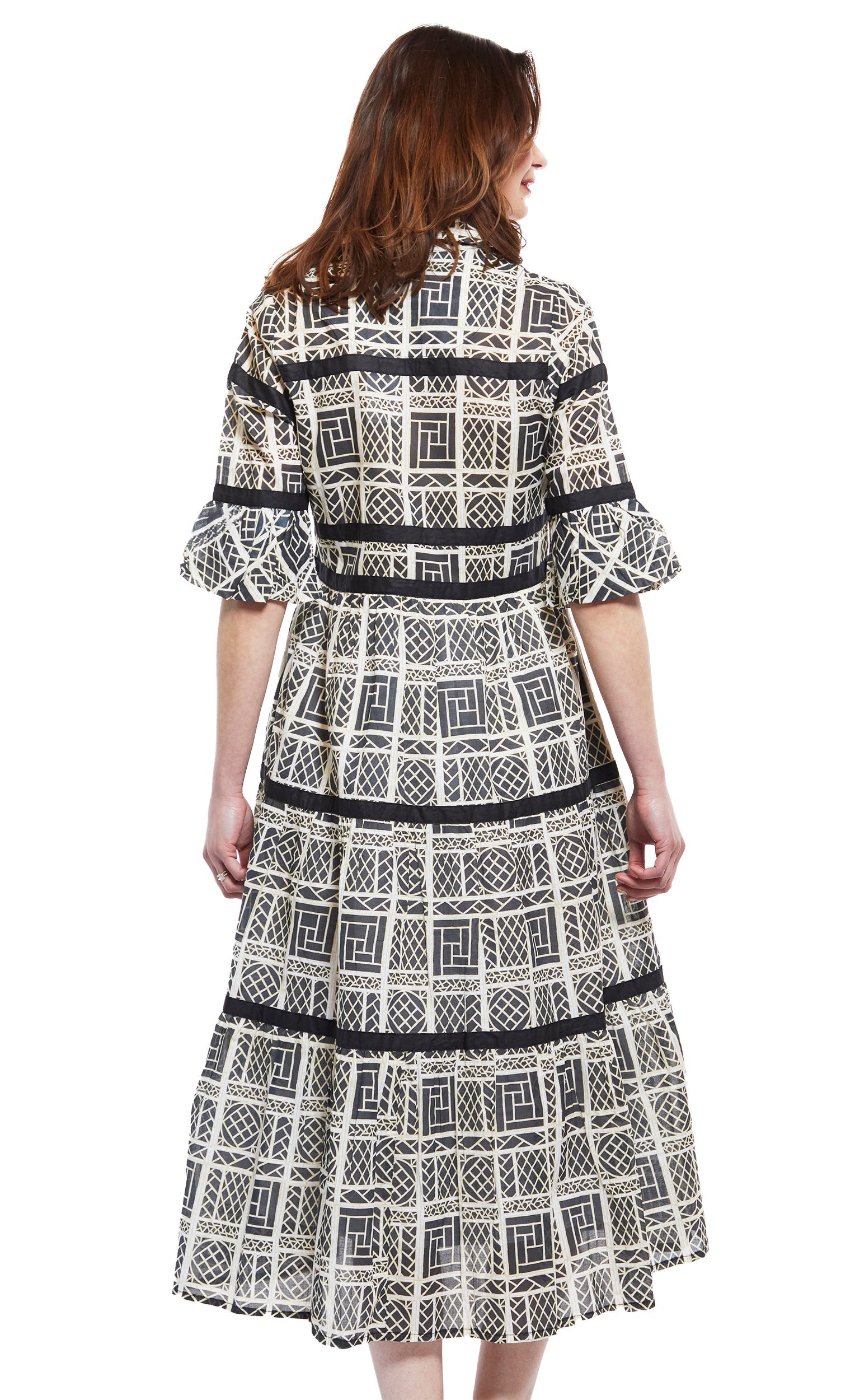 Dizzy Lizzie | Miami Style Midi W Flounce And Blk Ribbons, Blk Wht Wicker | Cloister Collection | DRESSES