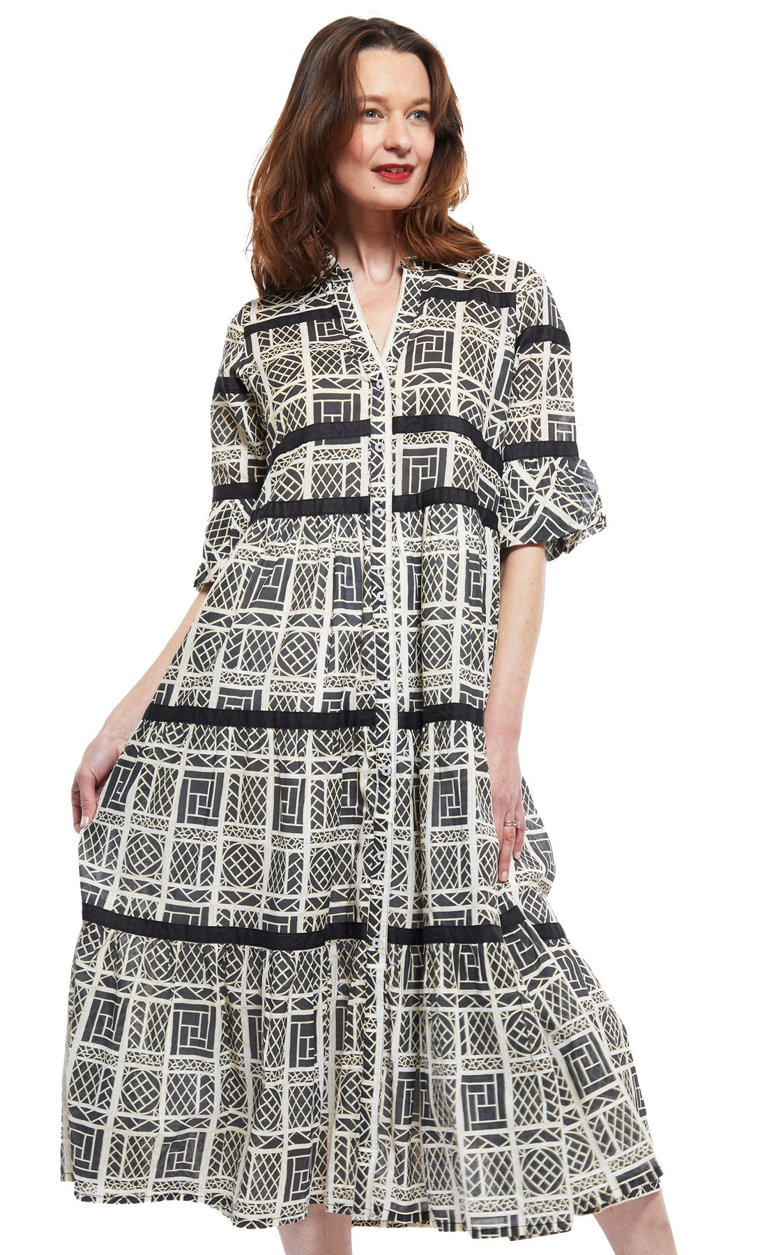 Dizzy Lizzie | Miami Style Midi W Flounce And Blk Ribbons, Blk Wht Wicker | Cloister Collection | DRESSES