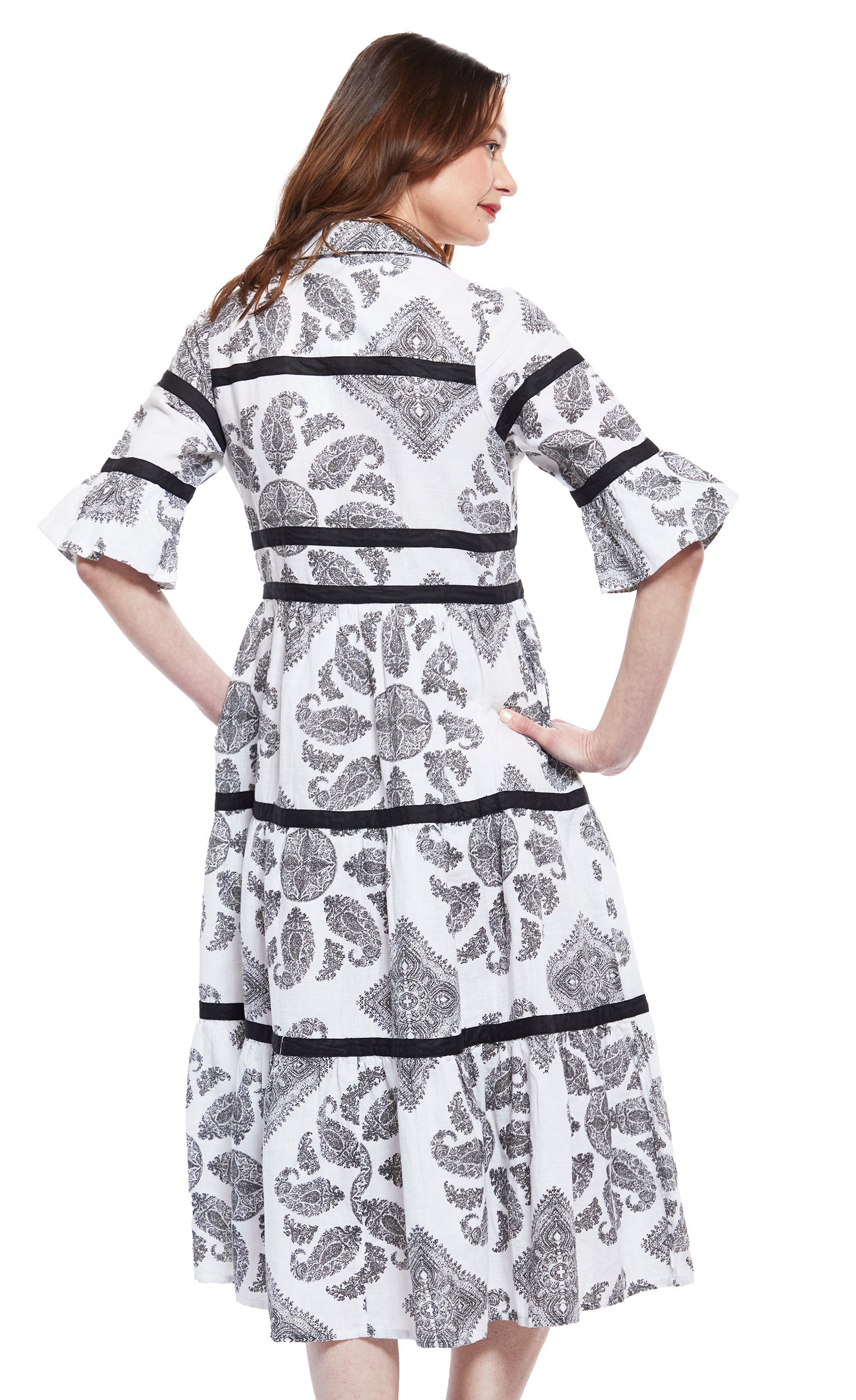 Dizzy Lizzie | Miami Style Midi with Flounce And Black Ribbons Black White Paisley | Cloister Collection | DRESSES
