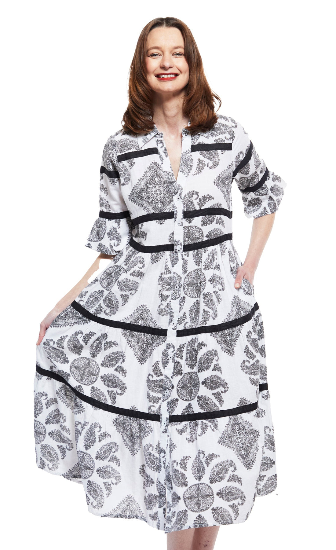Dizzy Lizzie | Miami Style Midi with Flounce And Black Ribbons Black White Paisley | Cloister Collection | DRESSES