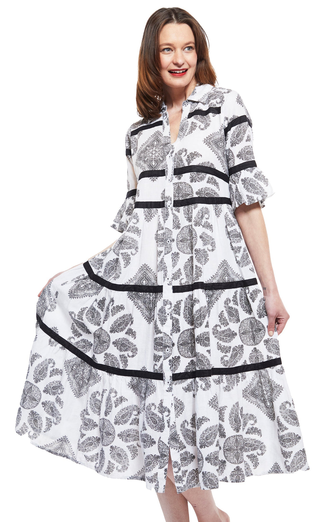 Dizzy Lizzie | Miami Style Midi with Flounce And Black Ribbons Black White Paisley | Cloister Collection | DRESSES