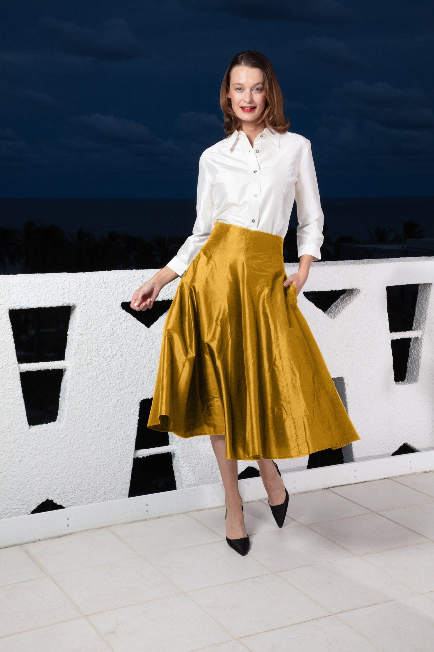 Dizzy Lizzie | Mid - Calf Silk Skirt Gold Silk | Cloister Collection | SKIRTS