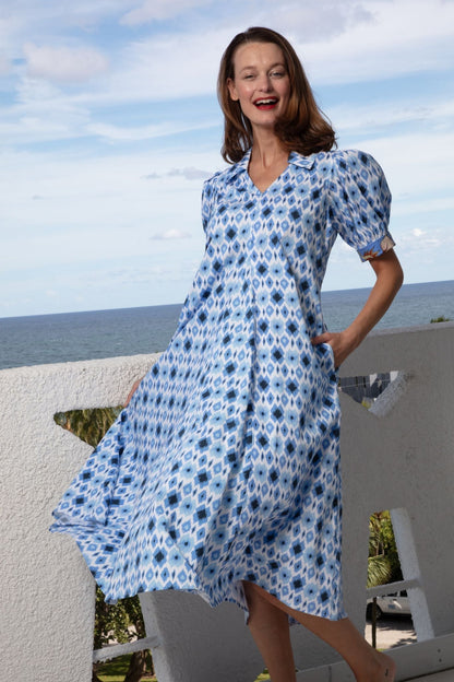 Dizzy Lizzie | Montauk Dress Blue Ikat Print | Cloister Collection | DRESSES