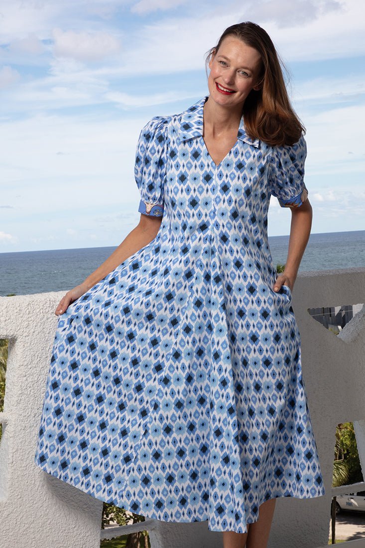 Dizzy Lizzie | Montauk Dress Blue Ikat Print | Cloister Collection | DRESSES